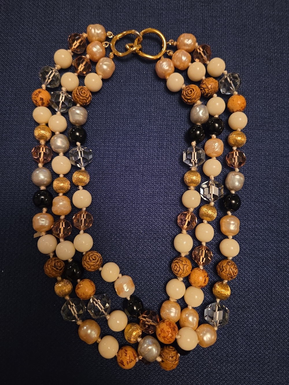 Vintage 3 Strand Mixed Media Statement Necklace Faux Pearl Crystal Bead Boho